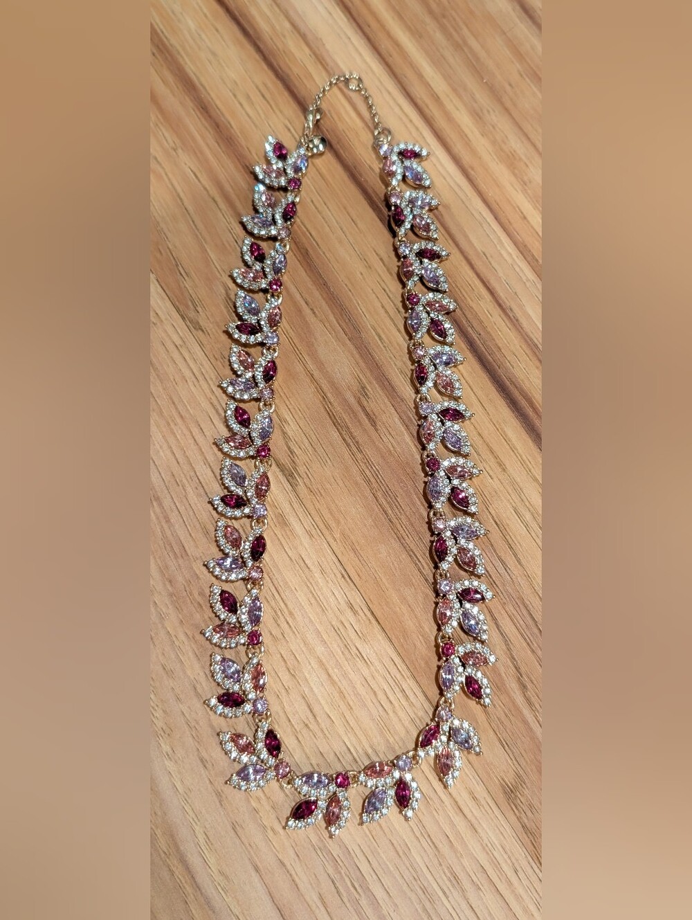 Gold-Tone Light And Deep Pink Crystal Leaf Necklace